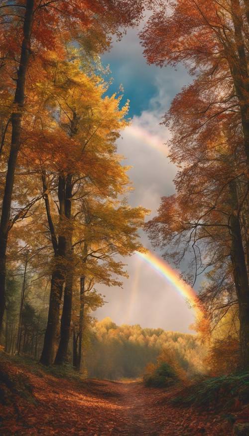 A mesmerizing forest scene during autumn, enhanced by the surprise appearance of a rainbow.