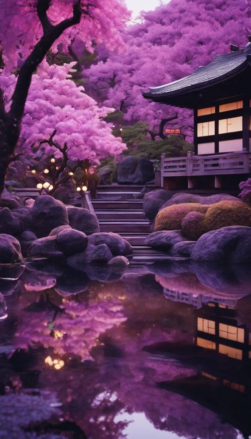 גן יפני שטוף בזוהר הסגול של הדמדומים.