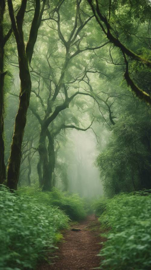 Una foresta verde lussureggiante con una nebbia bianca che indugia tra gli alberi.