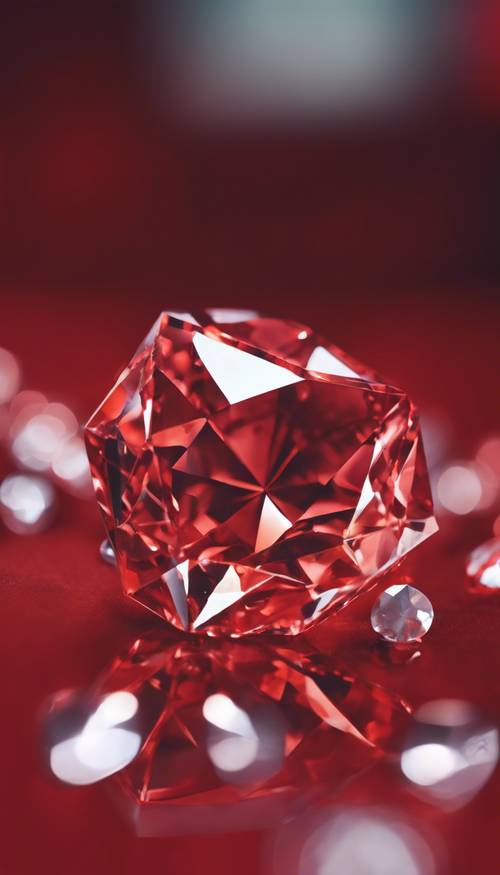Vista de perto de um diamante vermelho com facetas claras.