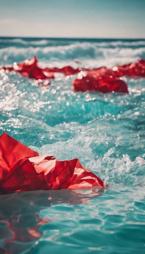 A majestic shot of a bright red crumpled paper buoyed on clear turquoise ocean waves.