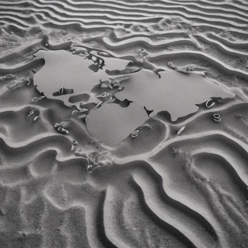 מפת עולם בגווני אפור עשויה חול מגורען על חוף הים בזמן השקיעה.