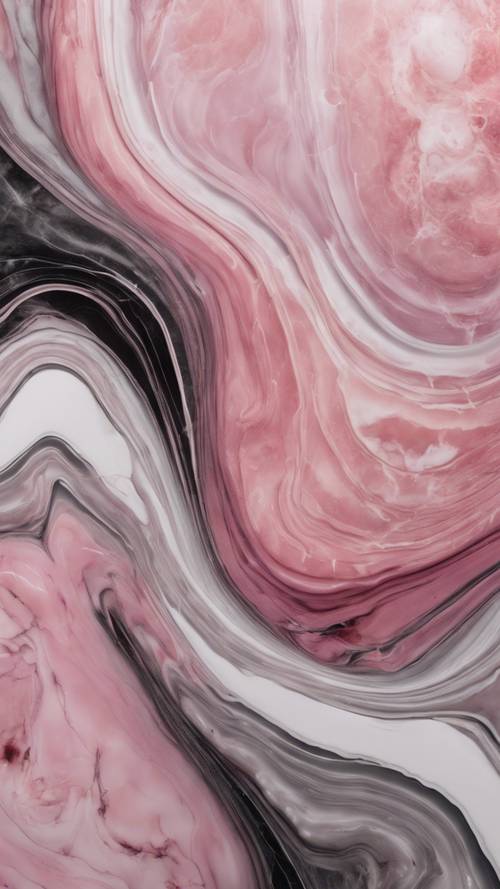 粉色大理石的抽象表现形式，融合了深粉色、柔和的白色和深灰色的波浪。