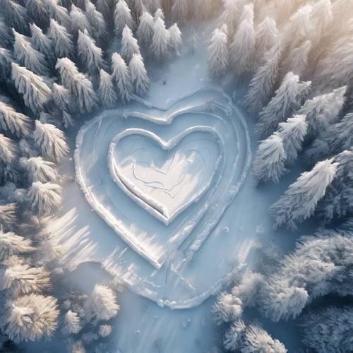 Aerial view of a heart-shaped ice skating trail in a winter forest.