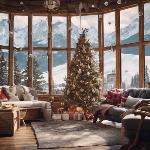 Preppy ski lodge decorated for Christmas with rustic ornaments and a large bay window overlooking snowy peaks. Tapeta na zeď [fe60c3e7fcc7415ca205]