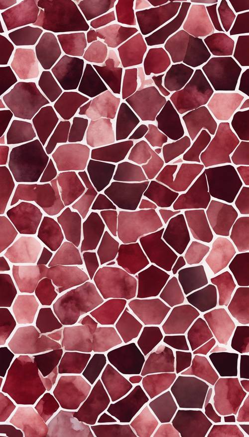 Geometric shapes filled with rich burgundy watercolor texture in a seamless pattern
