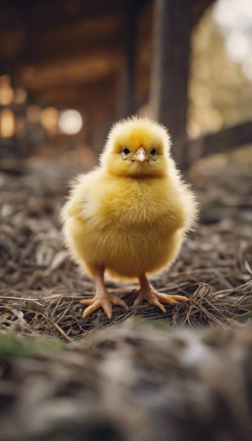 毛茸茸的黄色小鸡坐在农场里。