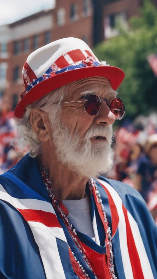 一位身穿紅色、白色、藍色衣服的愛國老人正在觀看 7 月 4 日遊行。