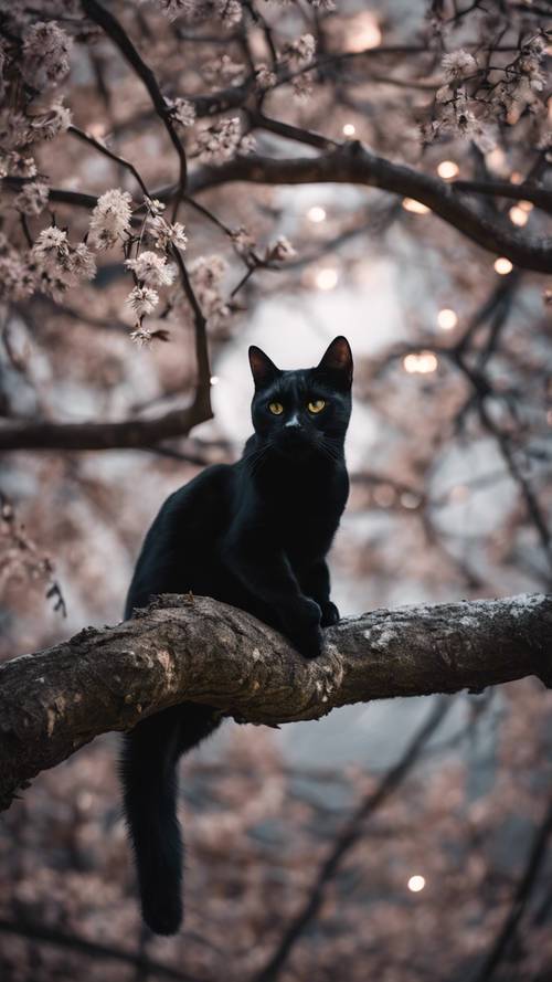 A dark black cat sitting on a moonlit tree branch.