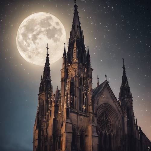 Gotycka katedra skąpana w delikatnym blasku księżyca, zarysowana na tle ciemnego, pełnego gwiazd nieba.
