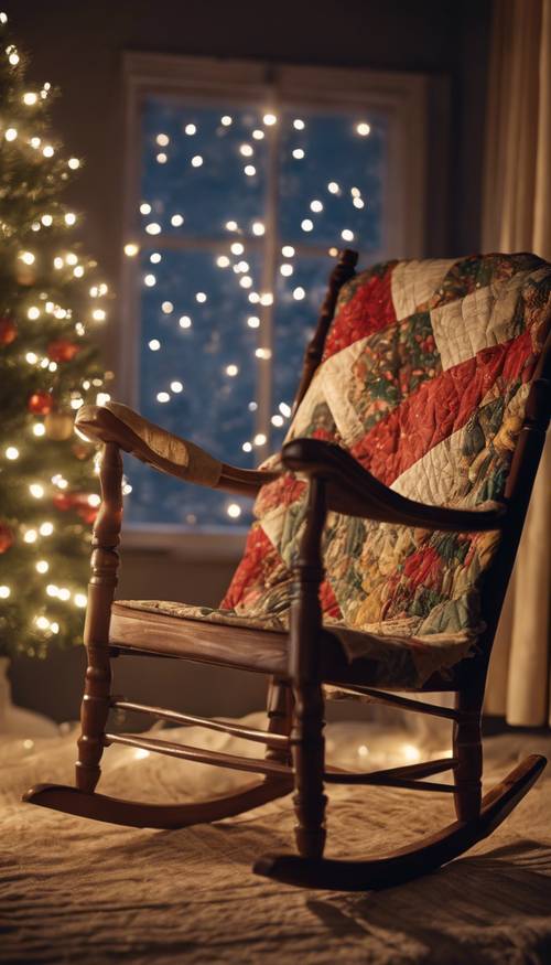 An empty rocking chair, with a half-finished quilt and a pair of glasses, lit by the weak light of a lonely Christmas star.