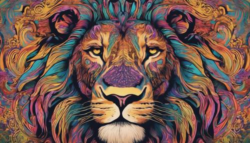 Symmetrical face of a lion colored with the style of a psychedelic 1960's poster.