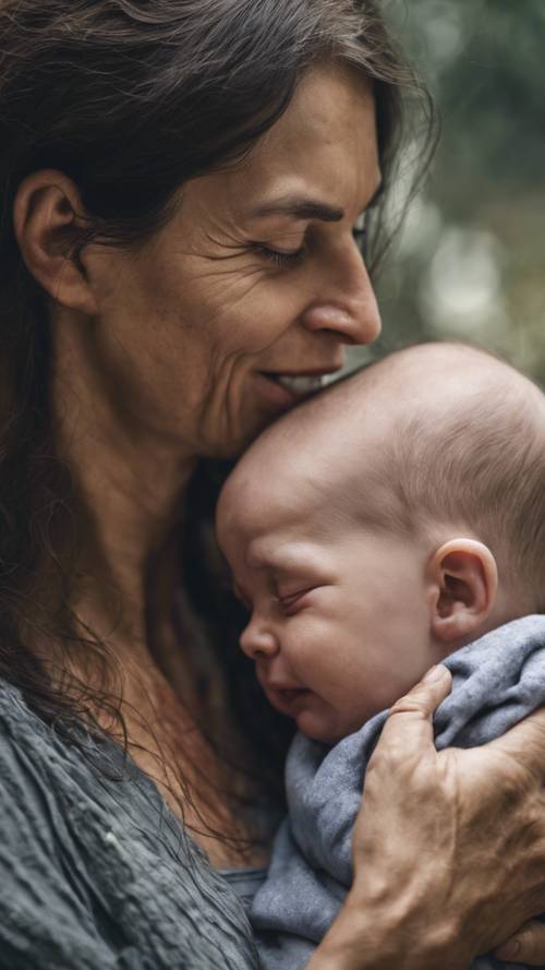 Một người phụ nữ của người mẹ dịu dàng bế đứa con mới sinh trong tay, khuôn mặt thể hiện sự mệt mỏi xen lẫn niềm vui vô song.