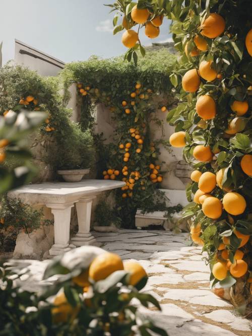 An Italian terrace garden adorned with citrus trees, cascading vines, and a white stone bench for rest.