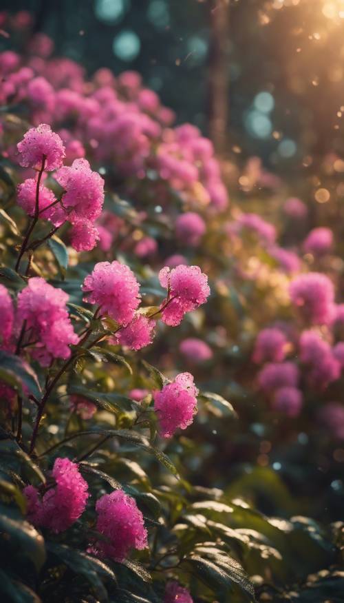 밝은 분홍색 꽃과 반짝이는 금빛 이슬 방울이 있는 일출의 무성한 숲.