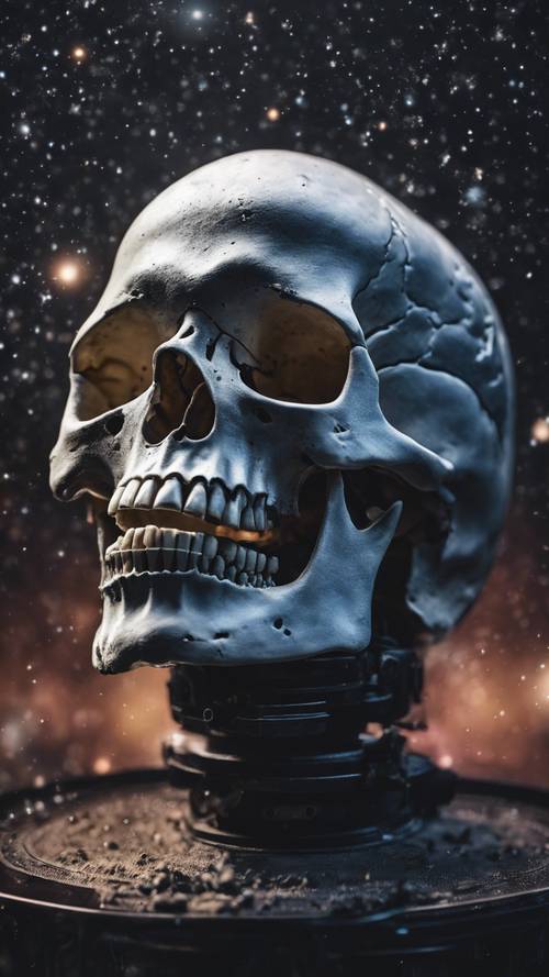 White skull floating in an all black galaxy.