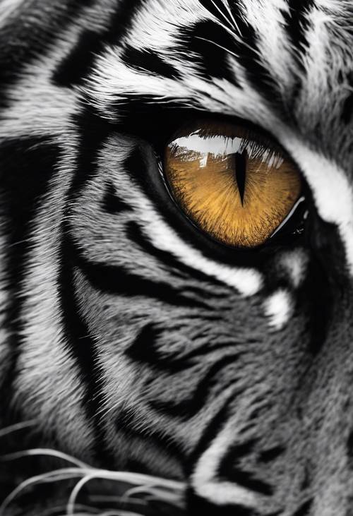 호랑이 눈을 클로즈업한 사진으로 호랑이의 야생성을 반영하는 강력한 흑백 대비.