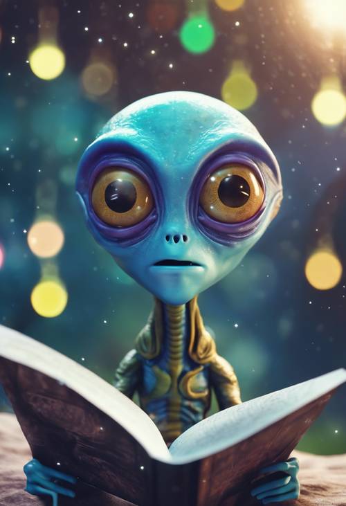 An alien emoji with large, colorful eyes, reading an intergalactic map. ផ្ទាំង​រូបភាព [e0e2f3d1502d4375a0d1]