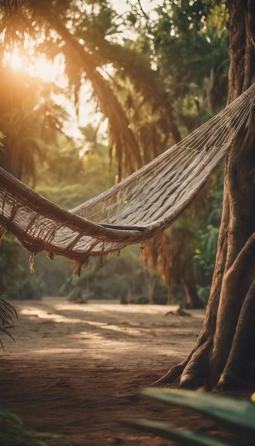 An vintage hammock tied between two gigantic ancient trees, surrounded by exotic plants during sunset in a jungle.
