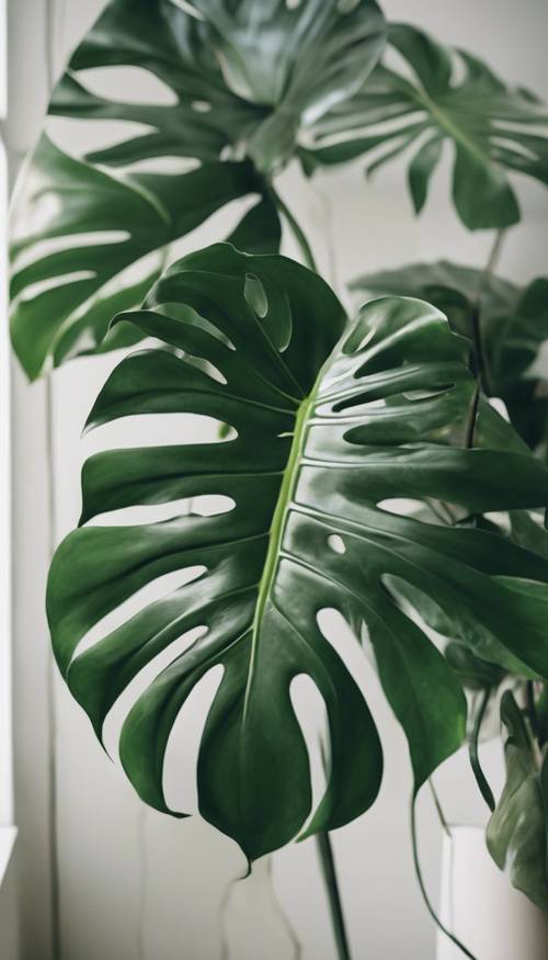 창백한 벽에 기대어 있는 번성하는 몬스테라 식물의 짙은 녹색의 건강한 잎.