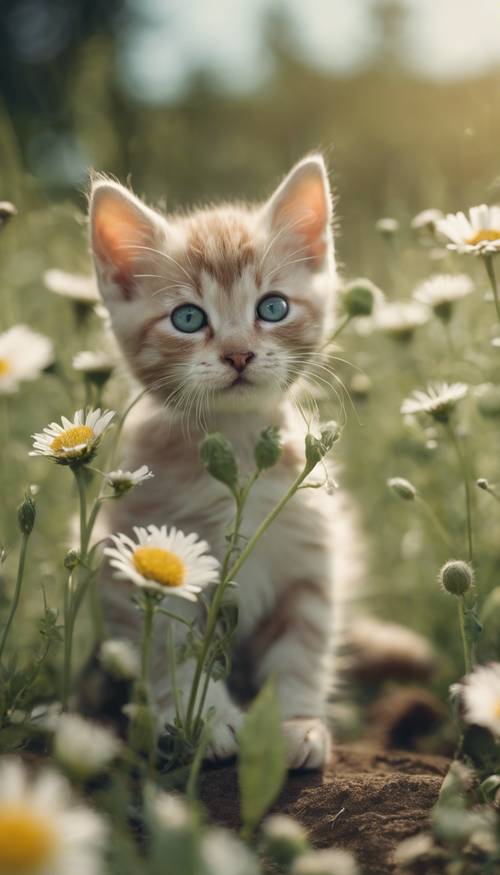 Cute kitten playfully pawing at a sage green daisy in organic field.