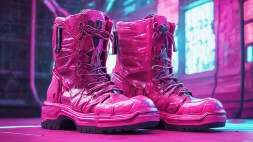Une paire de bottines au style cyberpunk, éclaboussées de nuances de rose luminescentes.