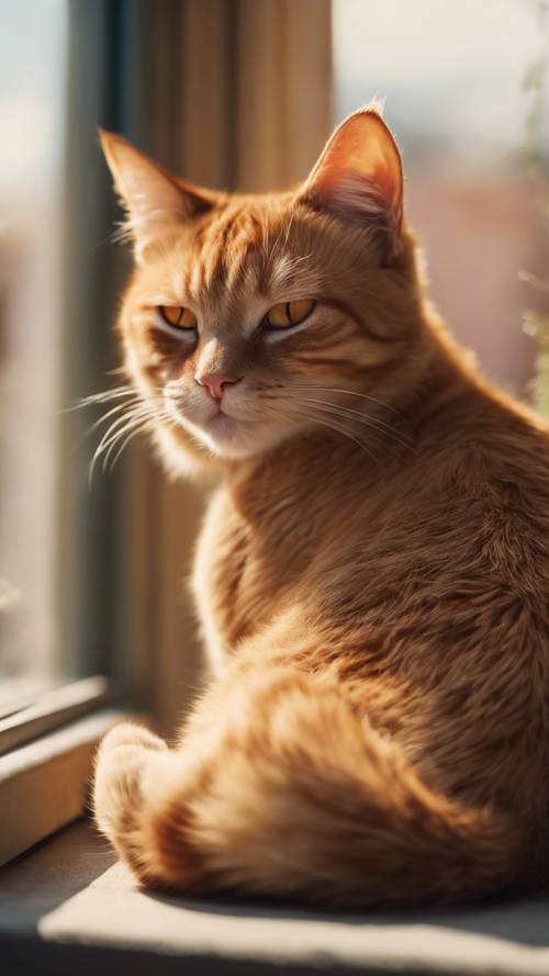 Eine schläfrige rote Katze, zusammengerollt auf einem warmen, sonnigen Fensterbrett, ein Vogel direkt vor dem Fenster.