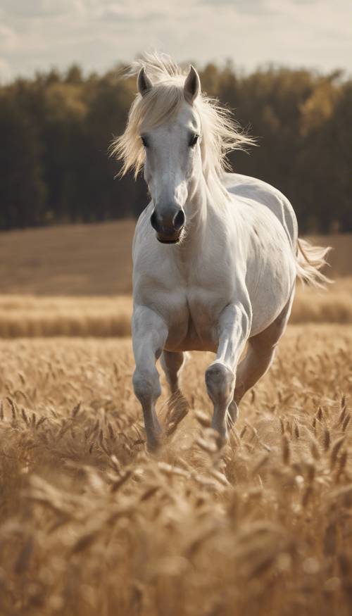 A white horse galloping on a golden wheat field.