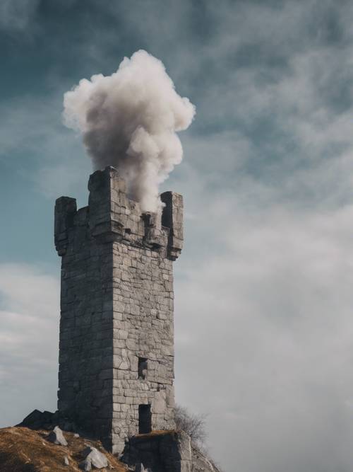 Grey smoke billowing from the granite chimney of an old castle.”