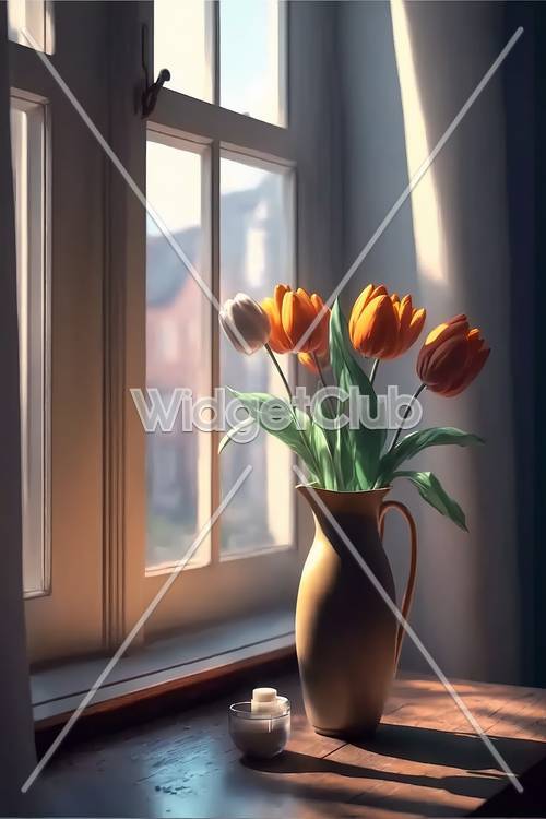 Tulipanes soleados en el alféizar de una ventana
