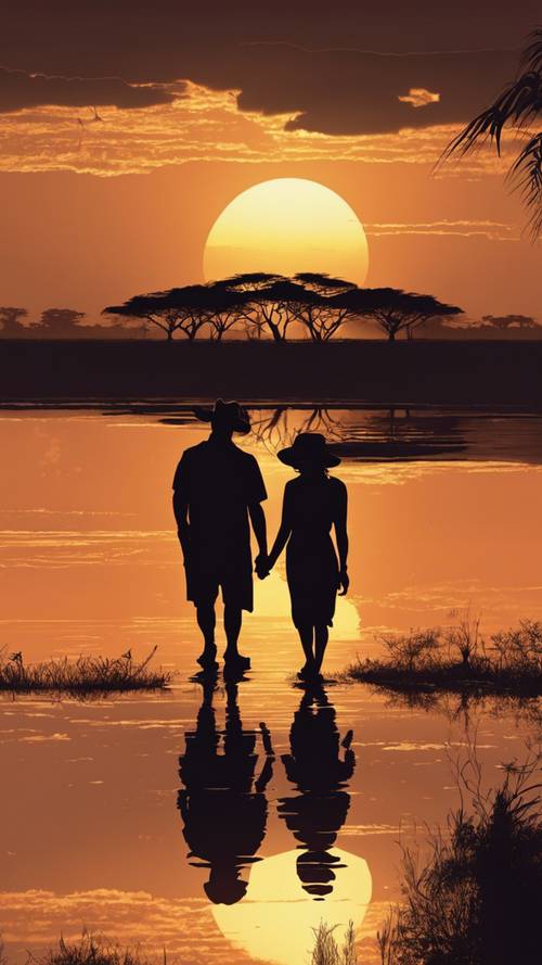 Siluet pasangan romantis dengan latar belakang matahari terbenam yang menakjubkan di safari Afrika.