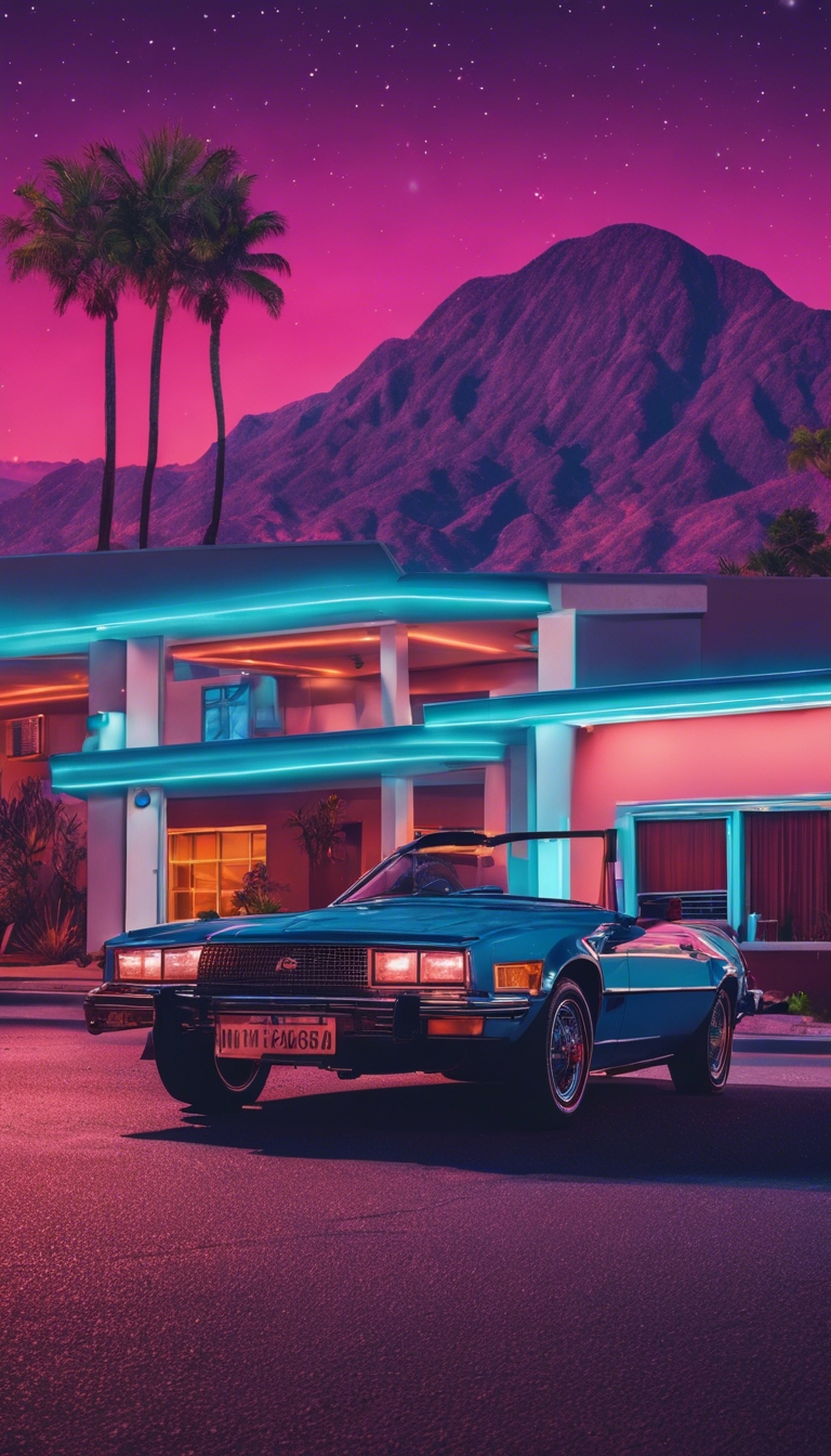 A shiny convertible sports car parked by an 80s styled motel, under a vibrant vaporwave night sky. Divar kağızı[bda8cdfad8f0495eba0e]