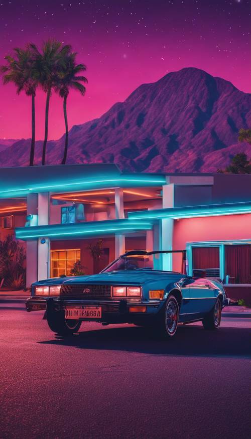 80年代風のモーテルの前に停まる輝くスポーツカー、輝くヴェイパーウェーブな夜空の下