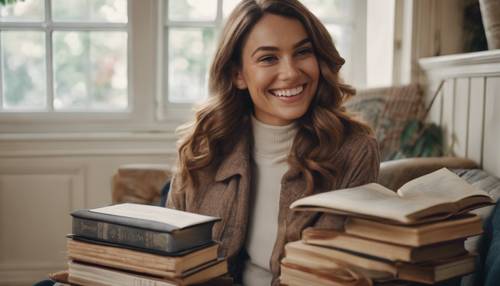 Stylowa kobieta w eleganckim stroju, uśmiechnięta, trzymając w przytulnym kąciku stos książek z klasyczną literaturą.