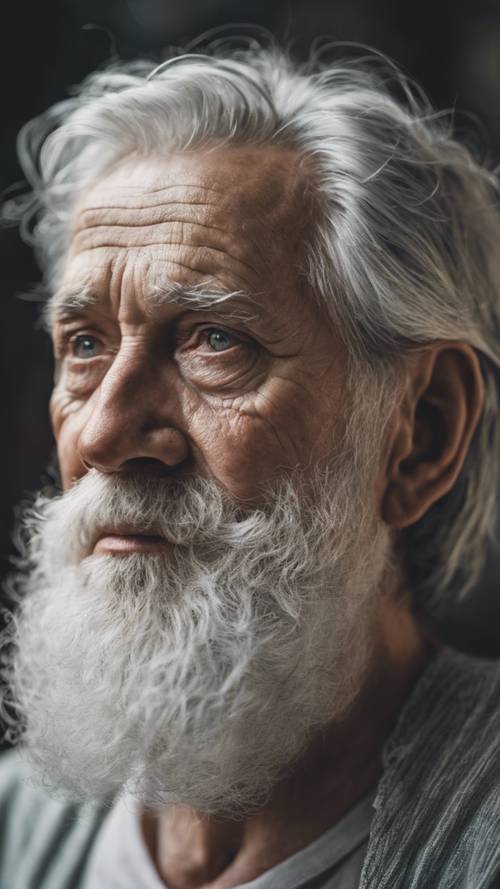 Hãy hình dung bức chân dung của một người đàn ông lớn tuổi với mái tóc hoa râm và bộ râu trắng.