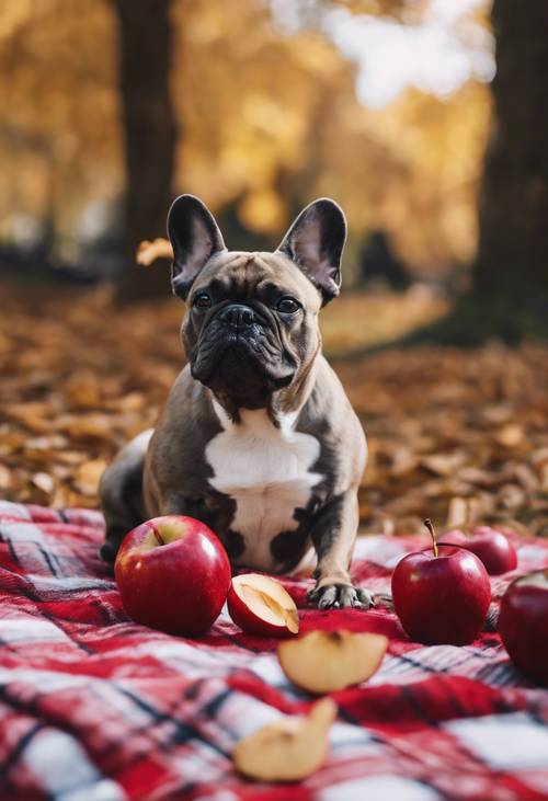 Eine französische Bulldogge liegt auf einer karierten Picknickdecke in einer gemütlichen Herbstumgebung, neben ihm ein einzelner roter Apfel.