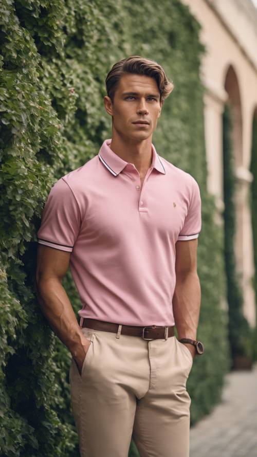 Przystojny model w eleganckiej różowej koszulce polo i beżowych chinosach, stojący pod porośniętą bluszczem ścianą.