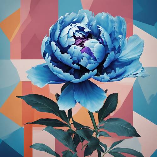 Interpretasi abstrak dari peoni biru, dicat dengan warna-warna berani dan bentuk geometris.