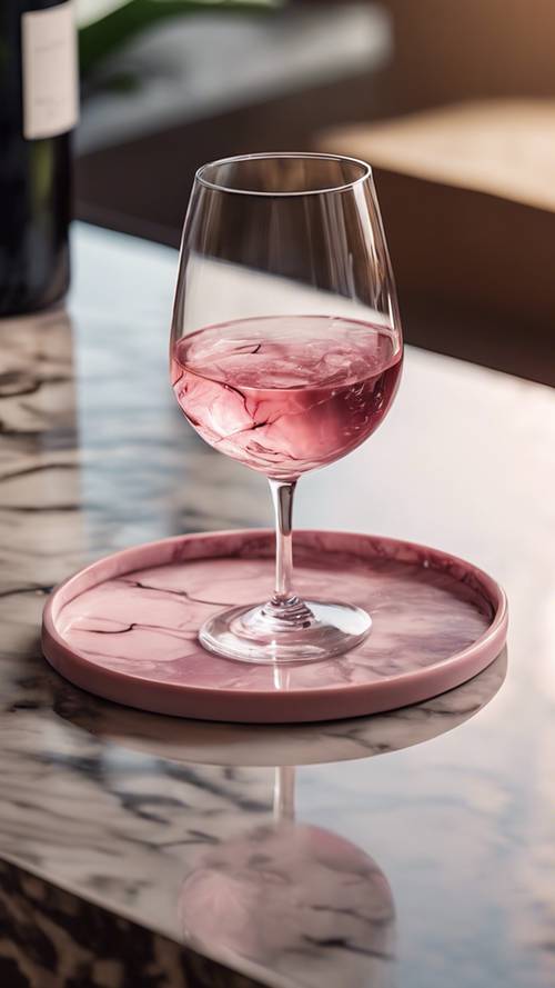Uma base para copos de mármore rosa com acabamento fosco sob uma taça cheia de vinho.