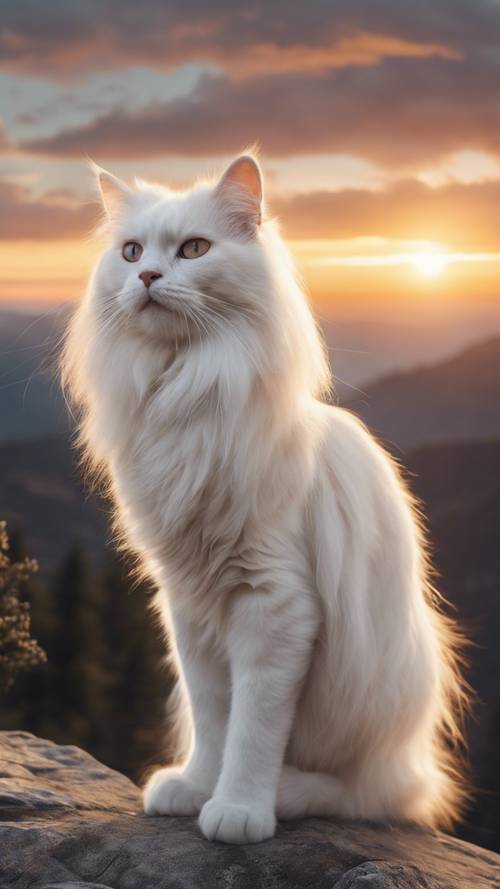 Un majestuoso gato blanco y de pelo largo parado majestuosamente en la cima de una montaña, con el amanecer formando un halo a su alrededor.