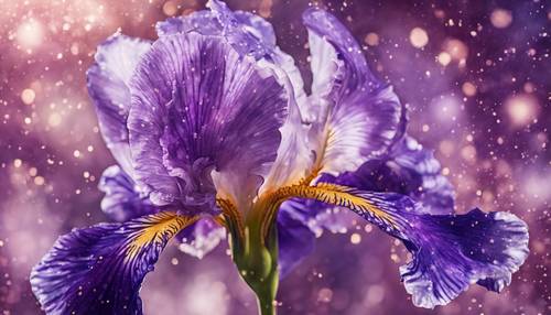A watercolor painting-style image of an iris flower coated in rich purple glitter.