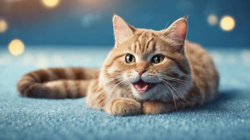 Illustration of a cartoon cat with a big smile on its face, laying on a soft blue carpet and a text inside a speech bubble saying, 'Happiness is a purring cat.'