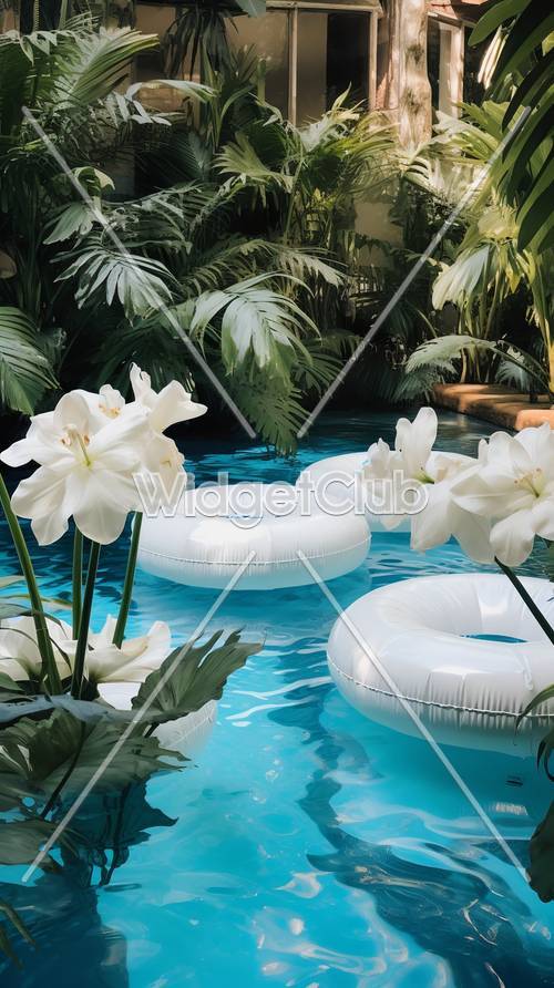 Tropical Pool Oasis with Floating White Flowers