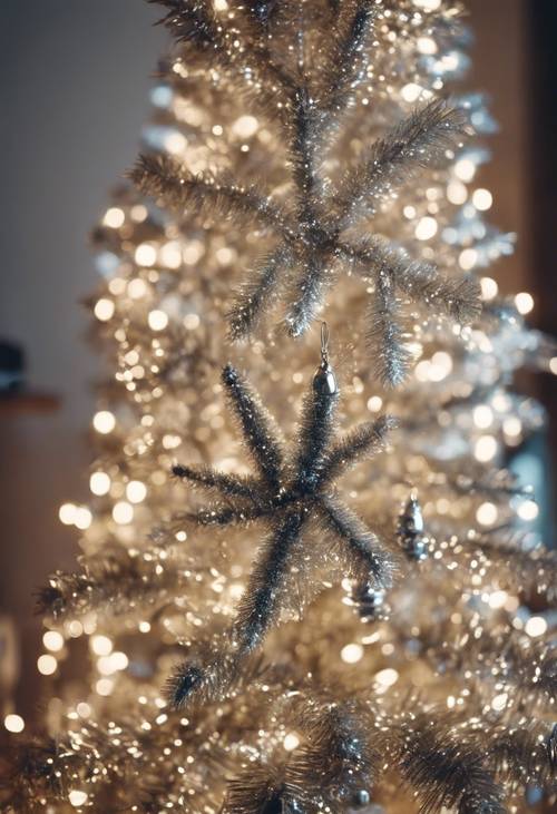 Un sapin de Noël en forme de crayon mince orné de guirlandes argentées dans un appartement moderne.