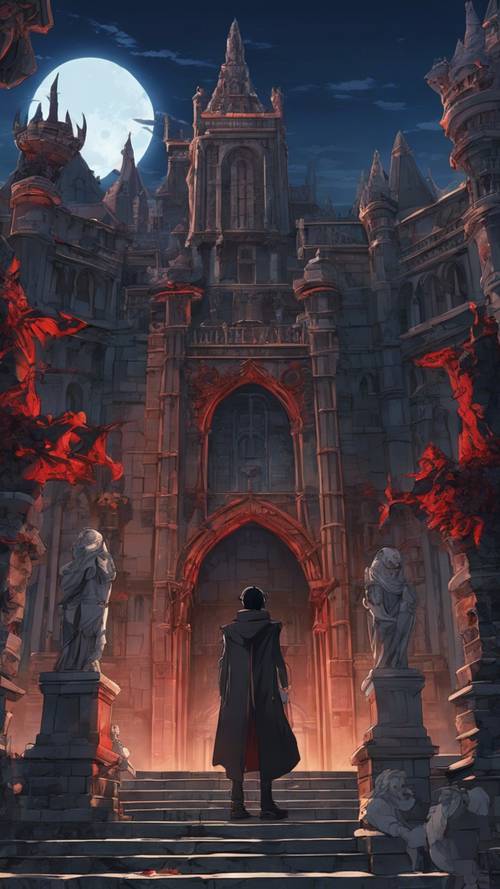 Ein Anime-Vampir mit roten Augen und pechschwarzem Haar, der allein in einem mondbeschienenen Schlosshof steht, der von Wasserspeier-Statuen gesäumt ist.