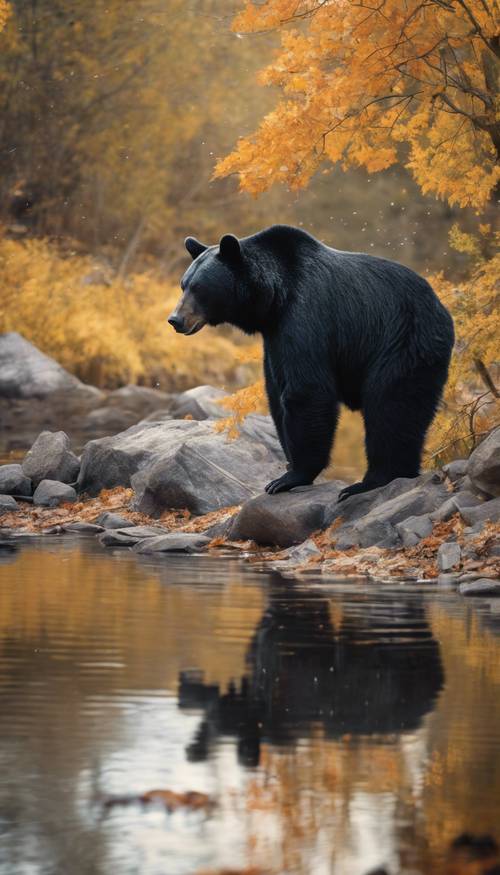 Большой черный медведь исследует скалистый берег реки в поисках рыбы, вокруг падают осенние листья.