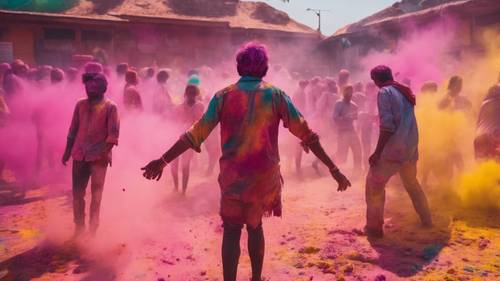 A vibrant and colorful Holi festival with people throwing powdered colors and laughing in the backdrop of an old Indian city.