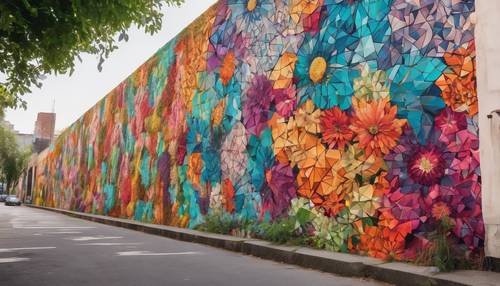 Un vibrante mural floral geométrico que se extiende sobre una animada muralla de la ciudad.