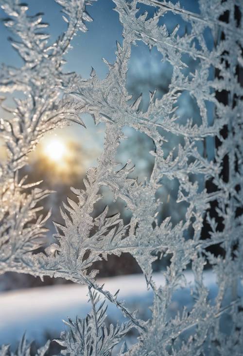 Una toma de cerca de una ventana cubierta de escarcha, con la obra de arte de la naturaleza en el cristal dibujada meticulosamente por el frío extremo.