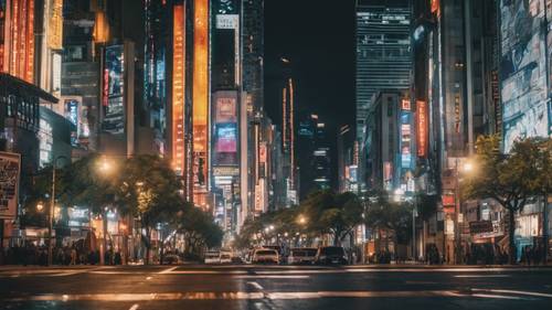 Uma paisagem urbana movimentada à noite com citações estéticas vistas nas luzes da cidade.